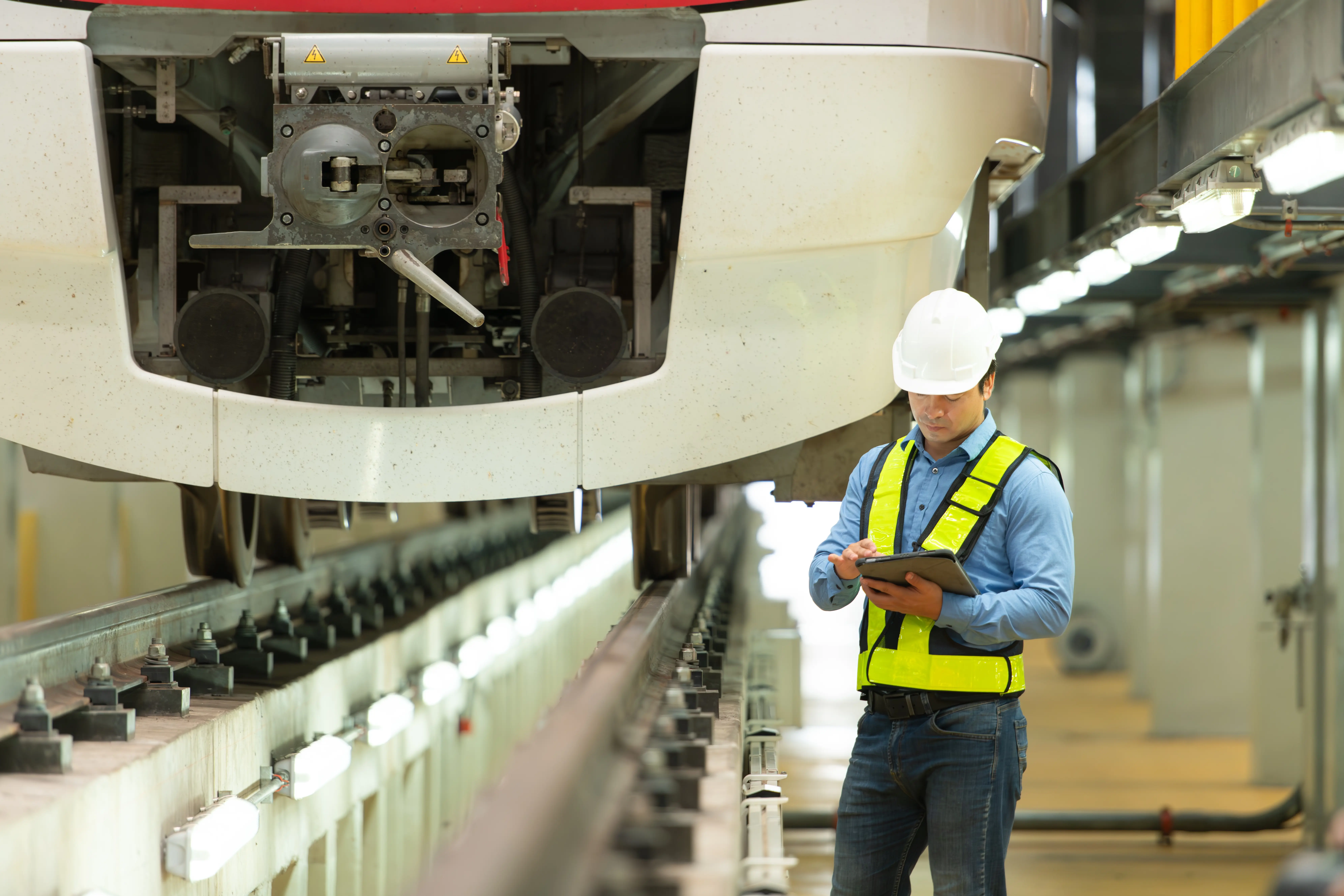 Train Network: A male engineer wearing a high-vis vest and holding a clipboard stands underneath a motionless train.