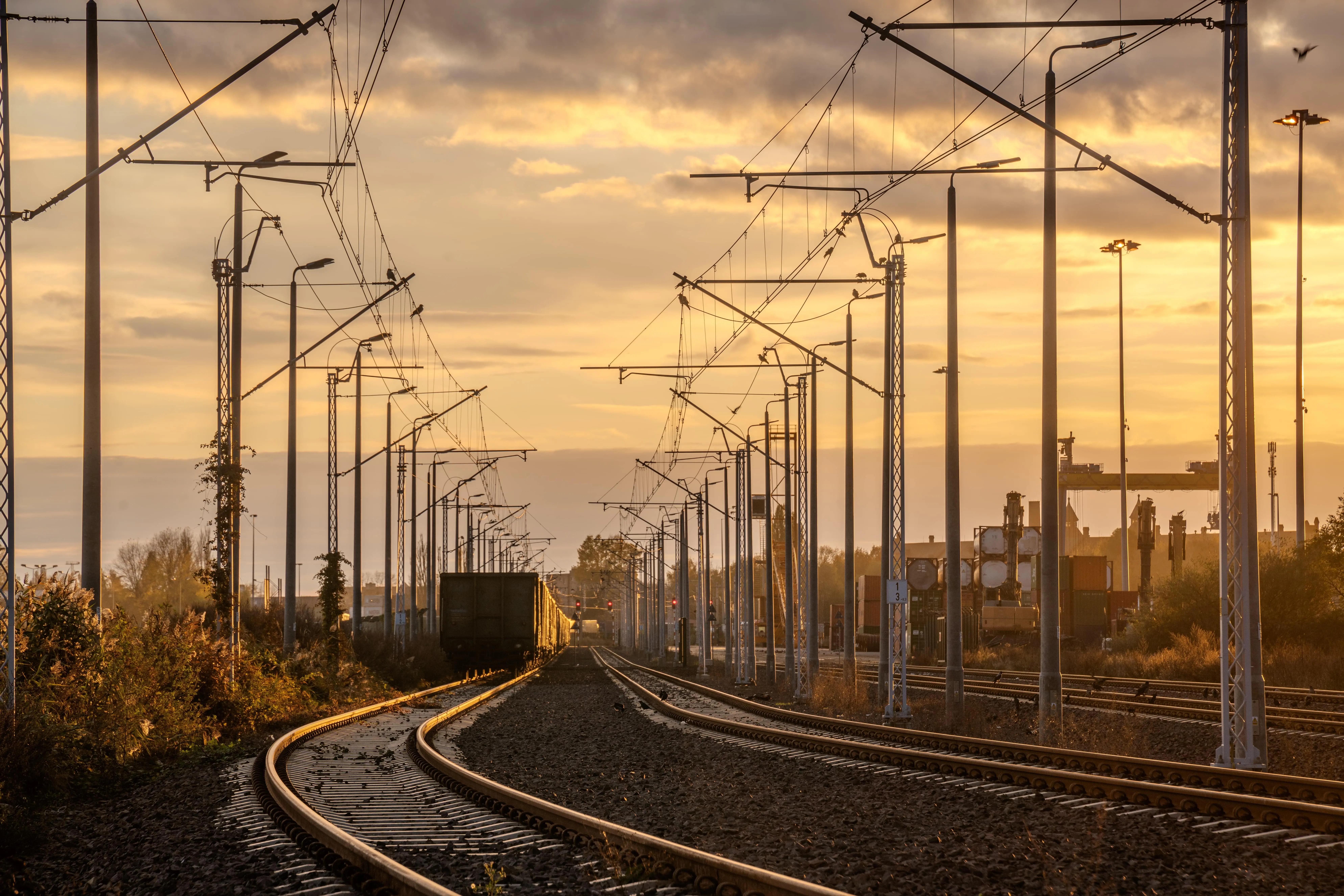 Train Fuel: A series of electricity pylons powering train tracks with the background of a setting sun.