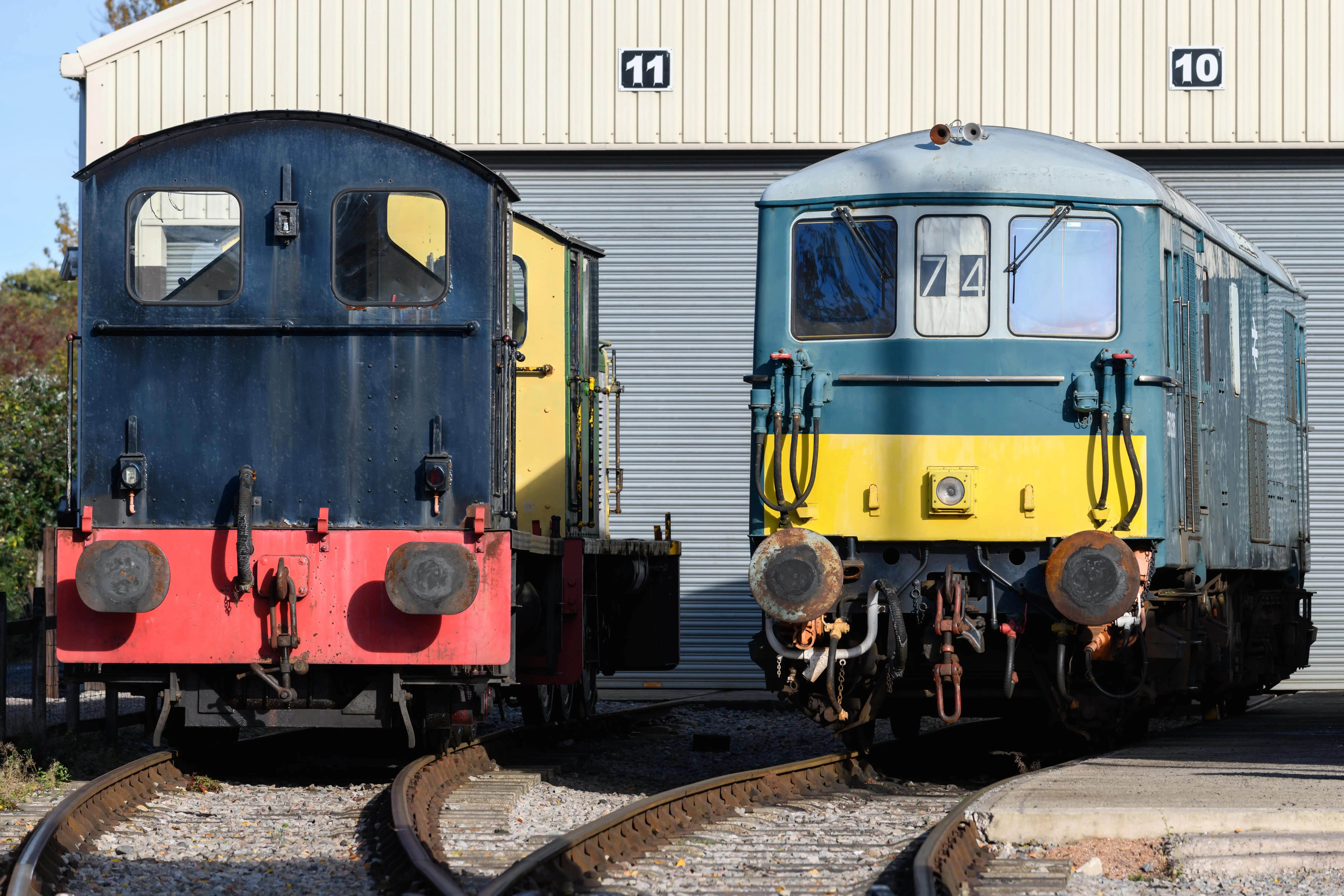 Two old, preserved diesel locomotives.