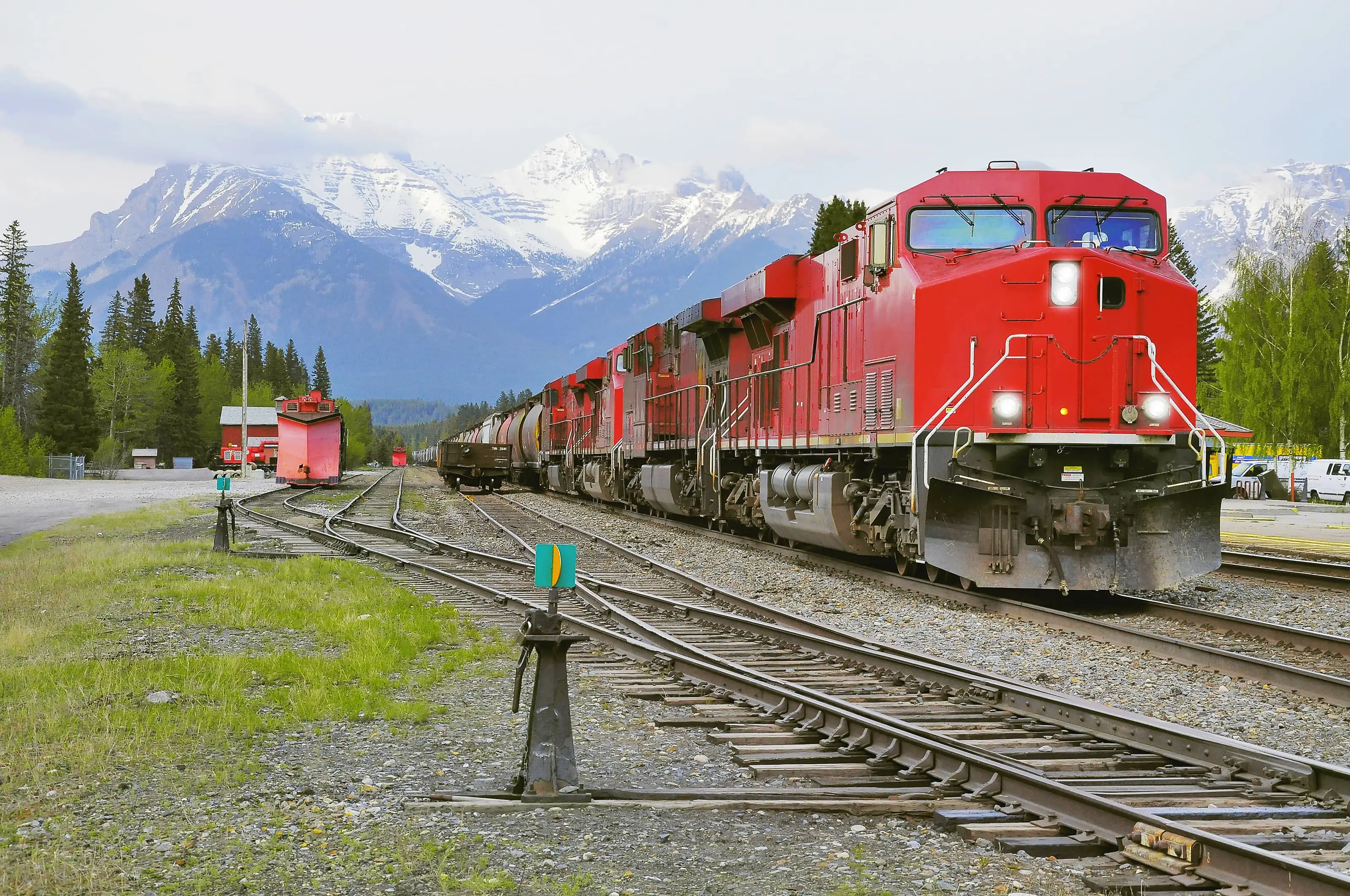 A freight train travels through Banff